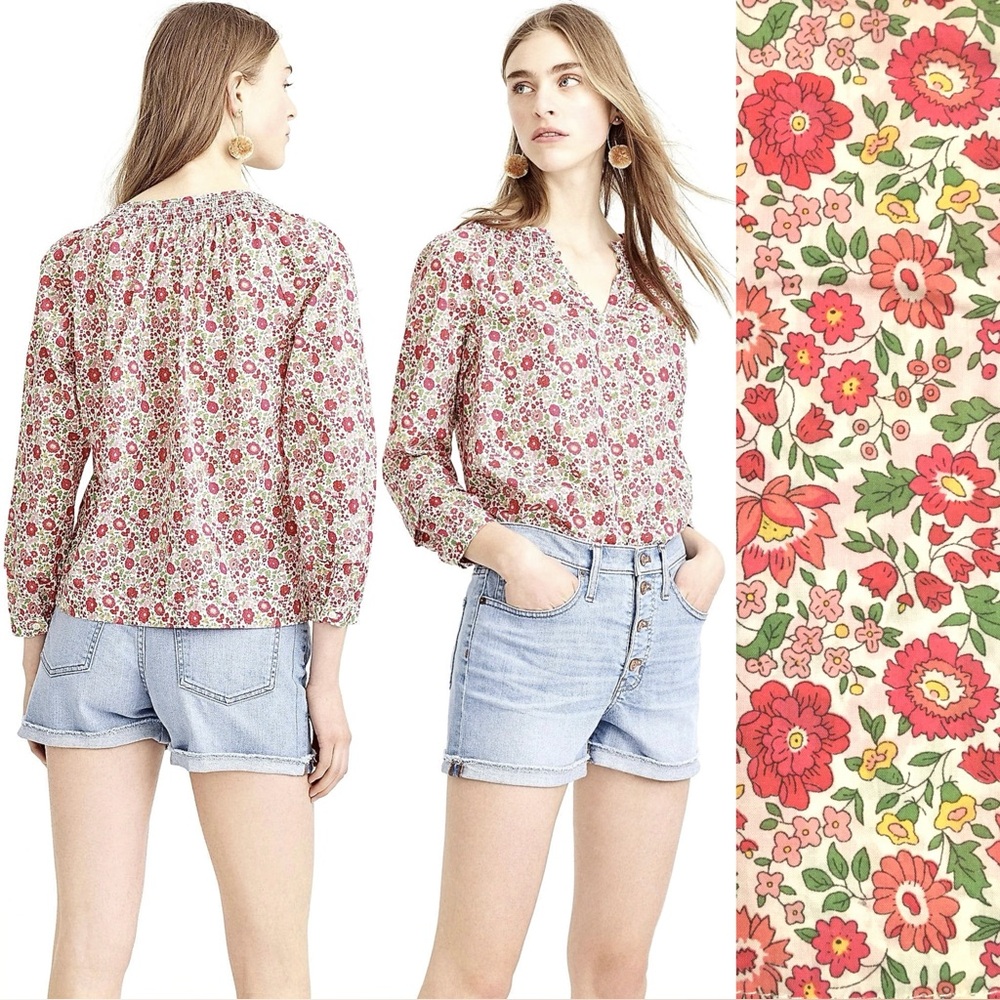 JCrew Peasant Blouse Liberty D'anjo Floral Popover Shirt Top Red White Pink 10 - Picture 5 of 16